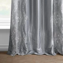 Chai Silver Embroidered Designer Faux Silk Curtain -Chic Curtains Shop 1F