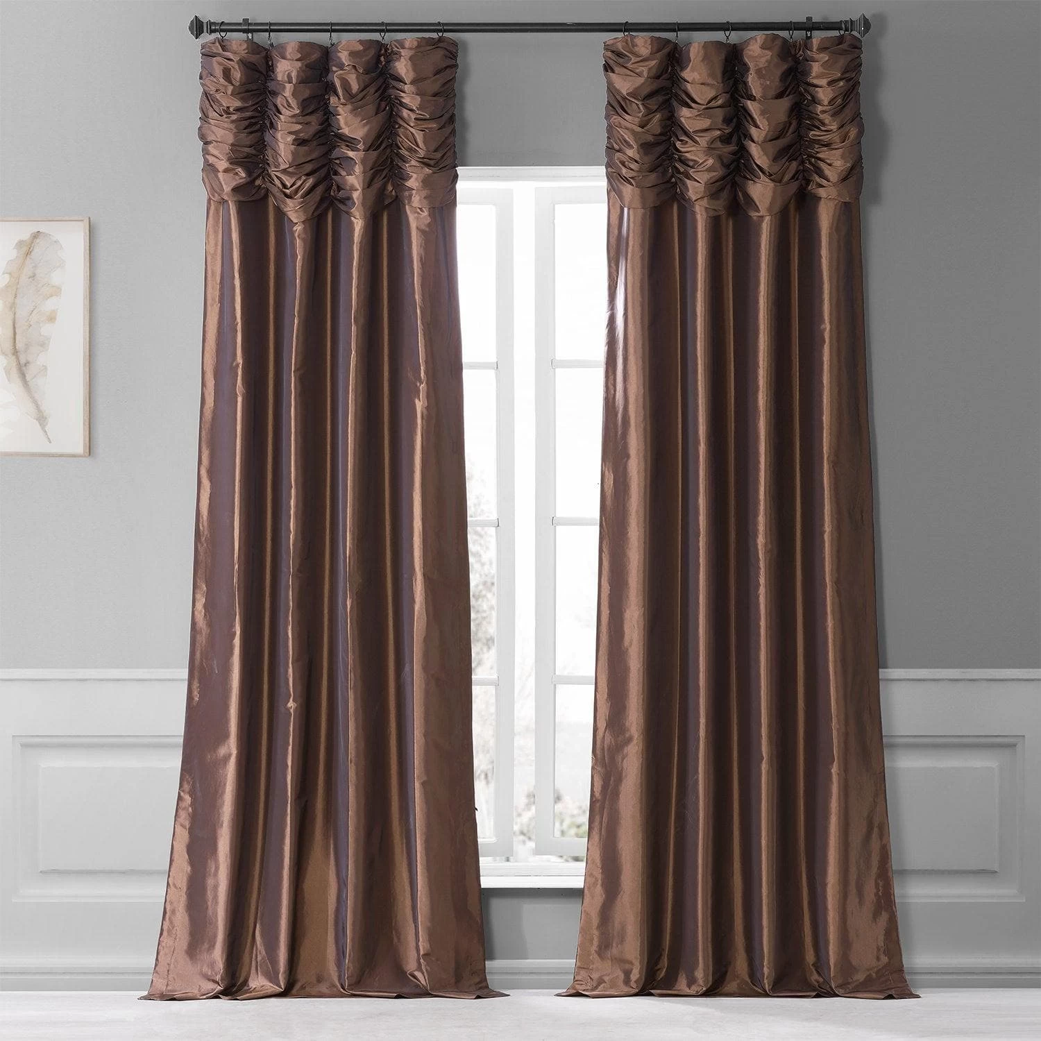 Copper Brown Ruched Solid Faux Silk Taffeta Curtain 3 Copper Brown Ruched Solid Faux Silk Taffeta Curtain