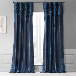 Navy Ruched Solid Faux Silk Taffeta Curtain