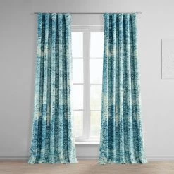 Strata Blue Printed Faux Linen Room Darkening Curtain