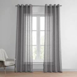 Gravel Grey Grommet Textured Faux Linen Sheer Curtain