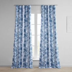 Blue Poppy Printed Faux Linen Room Darkening Curtain