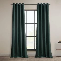 Focal Green Grommet Textured Faux Linen Room Darkening Curtain