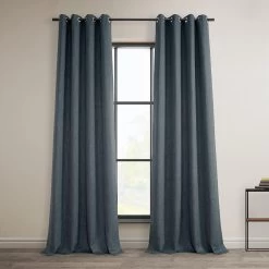 Reverie Blue Grommet Textured Faux Linen Room Darkening Curtain