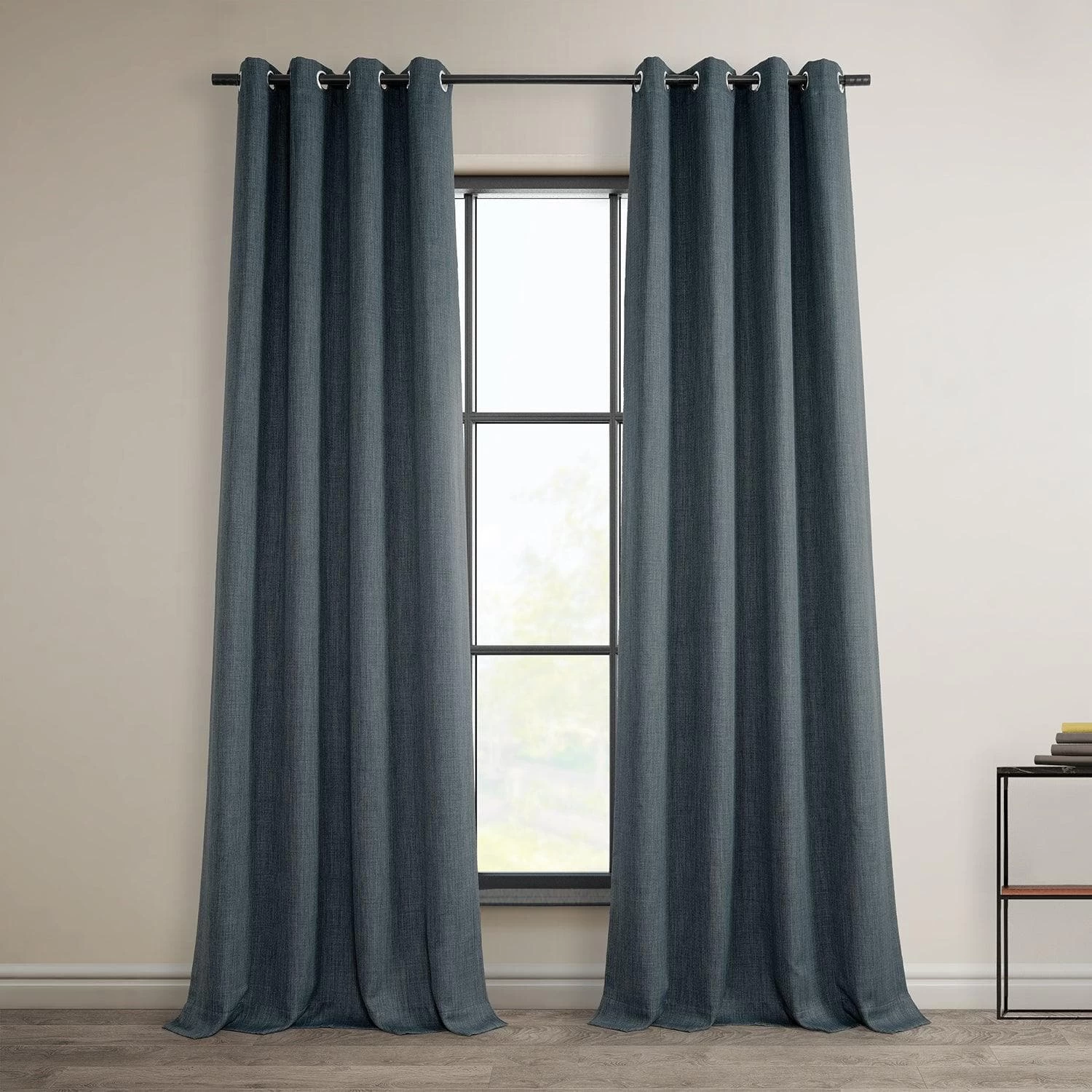 Reverie Blue Grommet Textured Faux Linen Room Darkening Curtain 3 Reverie Blue Grommet Textured Faux Linen Room Darkening Curtain