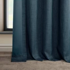 Story Blue Grommet Textured Faux Linen Room Darkening Curtain -Chic Curtains Shop 43H