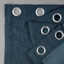 Story Blue Grommet Textured Faux Linen Room Darkening Curtain -Chic Curtains Shop 43K