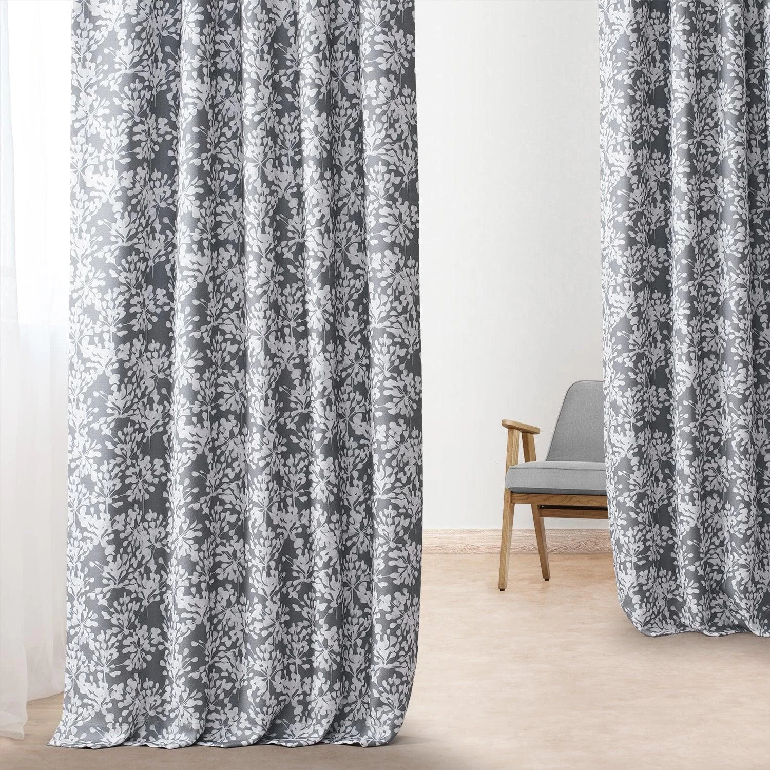 Botanic Grey Printed Faux Linen Room Darkening Curtain 8 Botanic Grey Printed Faux Linen Room Darkening Curtain - Image 6
