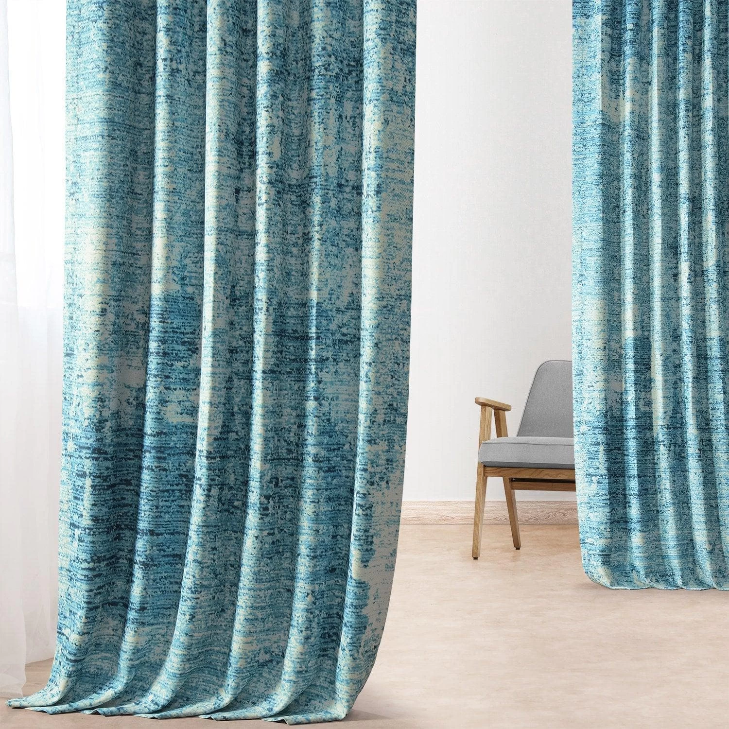 Strata Blue Printed Faux Linen Room Darkening Curtain 8 Strata Blue Printed Faux Linen Room Darkening Curtain - Image 6