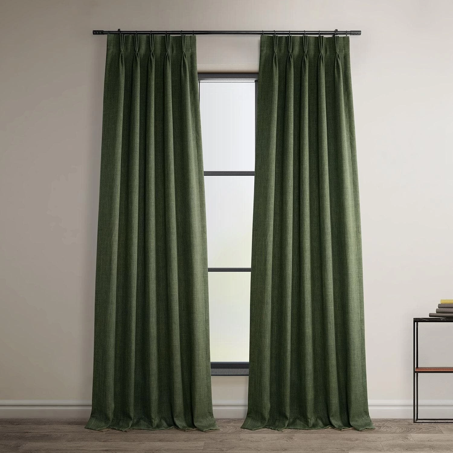 Tuscany Green French Pleat Textured Faux Linen Room Darkening Curtain 3 Tuscany Green French Pleat Textured Faux Linen Room Darkening Curtain