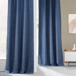 Denim French Pleat Textured Faux Linen Room Darkening Curtain -Chic Curtains Shop 86AX