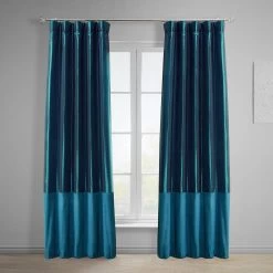 Banded Mediterranean Faux Silk Taffeta & Alavon Blue Plush Velvet Curtain