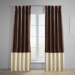 Banded Copper Brown Faux Silk Taffeta & Macchiato Beige Plush Velvet Curtain