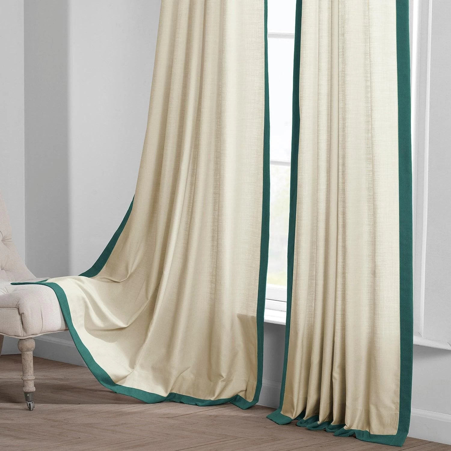 Beige & Dark Green Thin Frame Bordered Dune Textured Cotton Curtain 7 Beige & Dark Green Thin Frame Bordered Dune Textured Cotton Curtain - Image 5