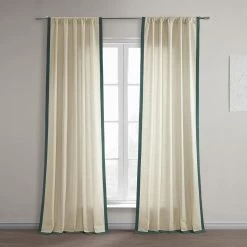 Beige & Dark Green Thin Frame Bordered Dune Textured Cotton Curtain