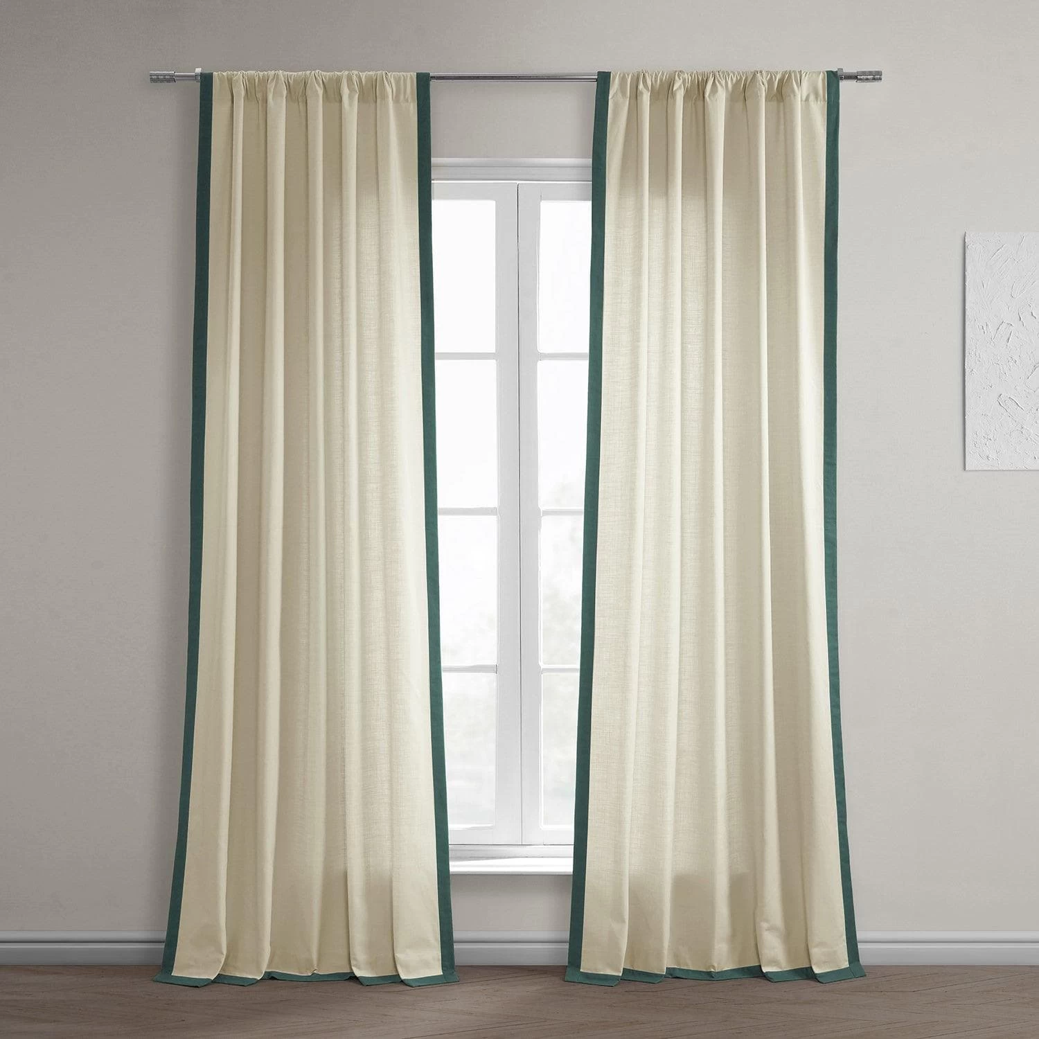 Beige & Dark Green Thin Frame Bordered Dune Textured Cotton Curtain 3 Beige & Dark Green Thin Frame Bordered Dune Textured Cotton Curtain