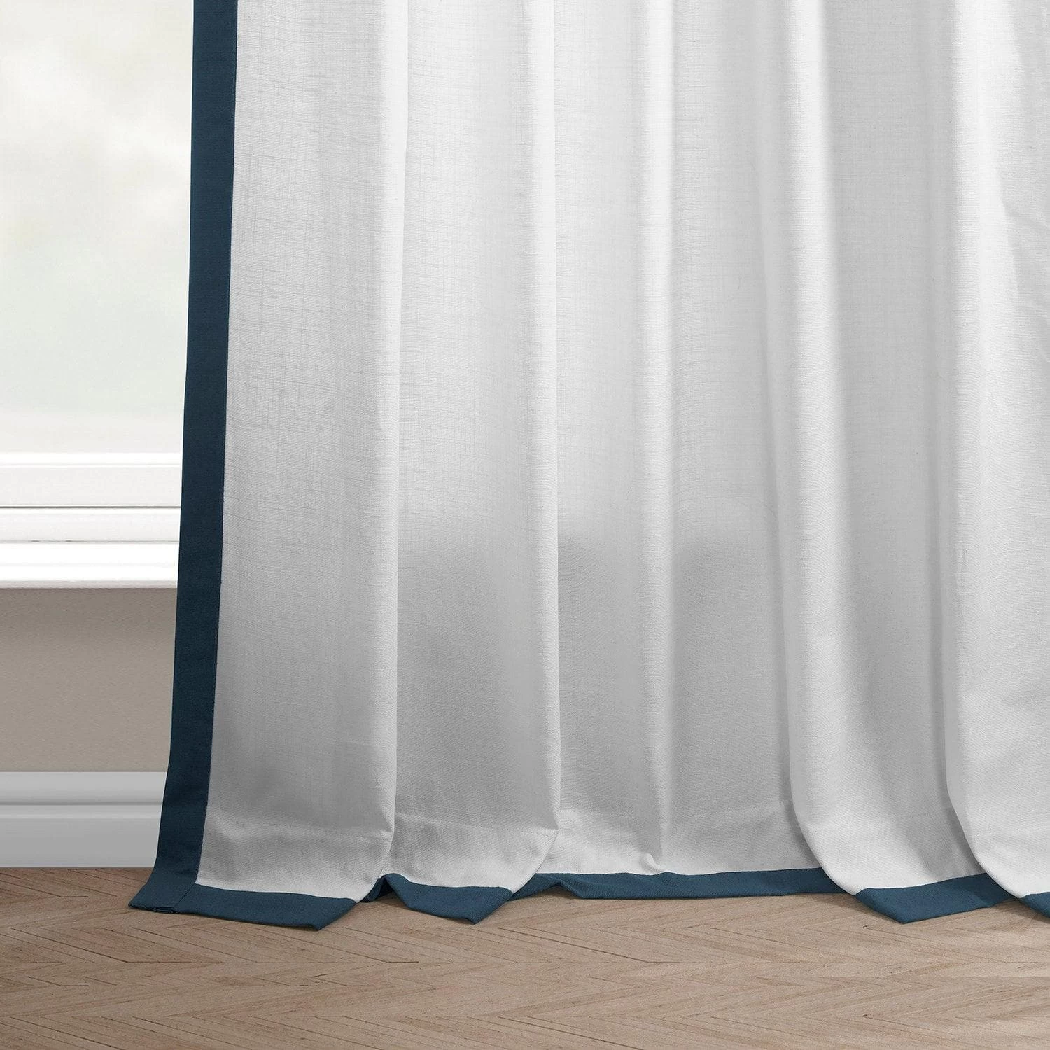White & Navy Thin Frame Bordered Dune Textured Cotton Curtain 7 White & Navy Thin Frame Bordered Dune Textured Cotton Curtain - Image 5