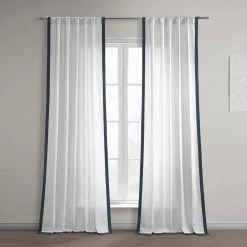White & Navy Thin Frame Bordered Dune Textured Cotton Curtain