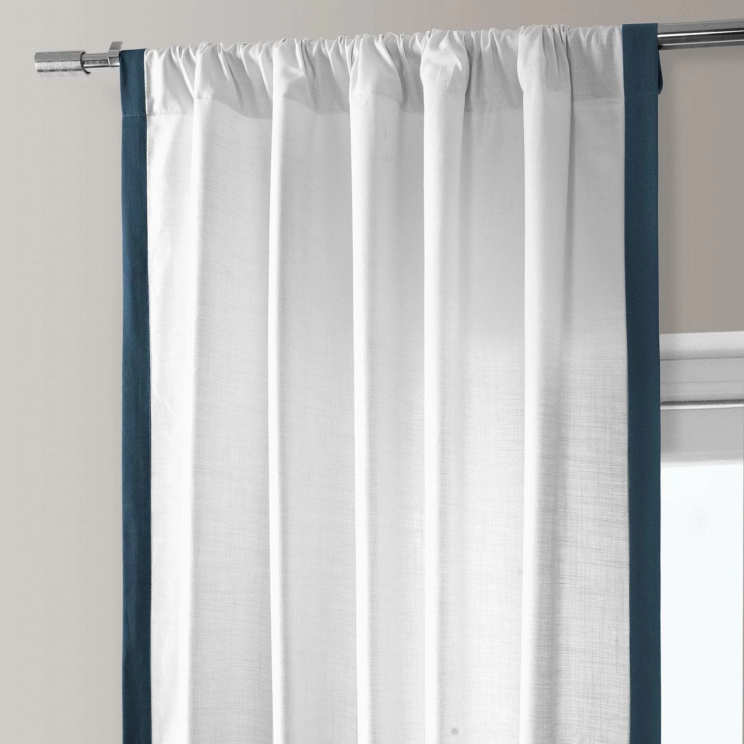 White & Navy Thin Frame Bordered Dune Textured Cotton Curtain 6 White & Navy Thin Frame Bordered Dune Textured Cotton Curtain - Image 4
