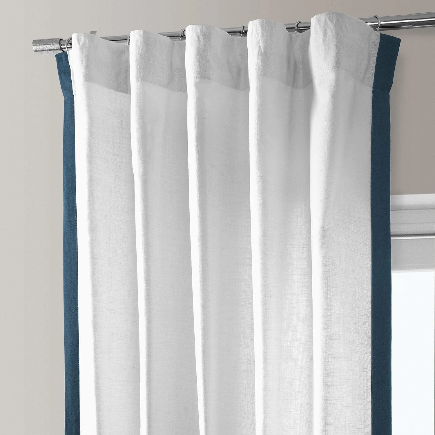 White & Navy Thin Frame Bordered Dune Textured Cotton Curtain 4 White & Navy Thin Frame Bordered Dune Textured Cotton Curtain - Image 2