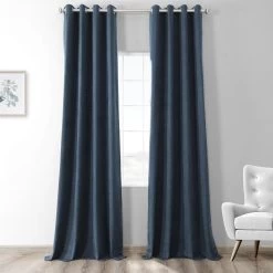 Dark Denim Blue Grommet Heathered Woolen Weave Curtain