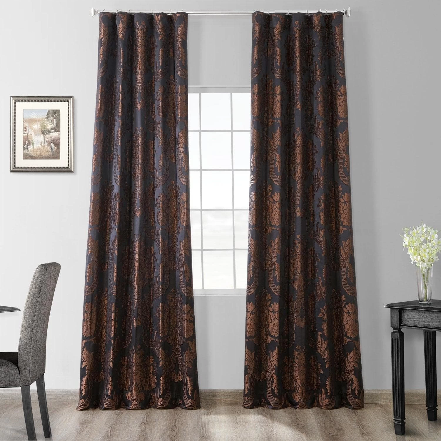 Magdelena Black & Copper Faux Silk Jacquard Curtain 3 Magdelena Black & Copper Faux Silk Jacquard Curtain