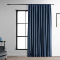 Dark Blue Extra Wide Performance Linen Hotel Blackout Curtain