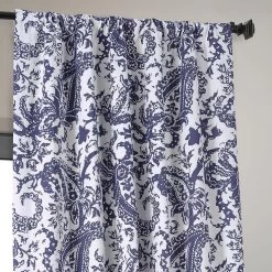 Edina Blue Printed Cotton Hotel Blackout Curtain -Chic Curtains Shop PRCT BOD09E pole pocket header
