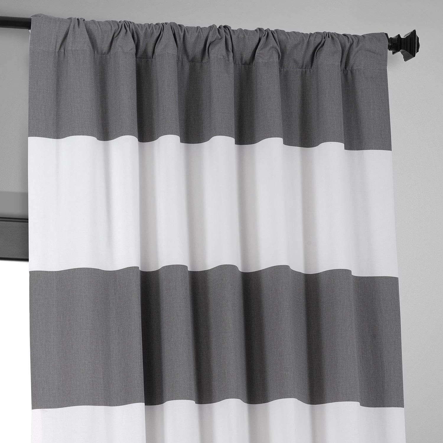 Slate Grey & Off White Horizontal Striped Printed Cotton Hotel Blackout Curtain 6 Slate Grey & Off White Horizontal Striped Printed Cotton Hotel Blackout Curtain - Image 4
