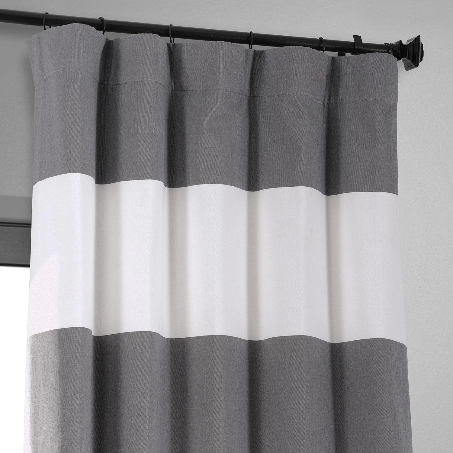 Slate Grey & Off White Horizontal Striped Printed Cotton Hotel Blackout Curtain 4 Slate Grey & Off White Horizontal Striped Printed Cotton Hotel Blackout Curtain - Image 2