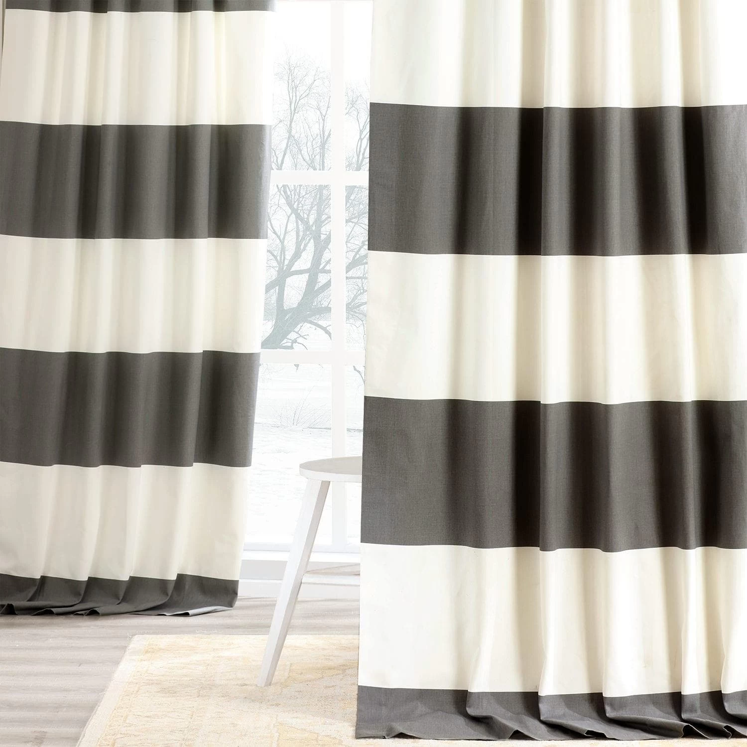 Slate Grey & Off White Horizontal Striped Printed Cotton Curtain 8 Slate Grey & Off White Horizontal Striped Printed Cotton Curtain - Image 6