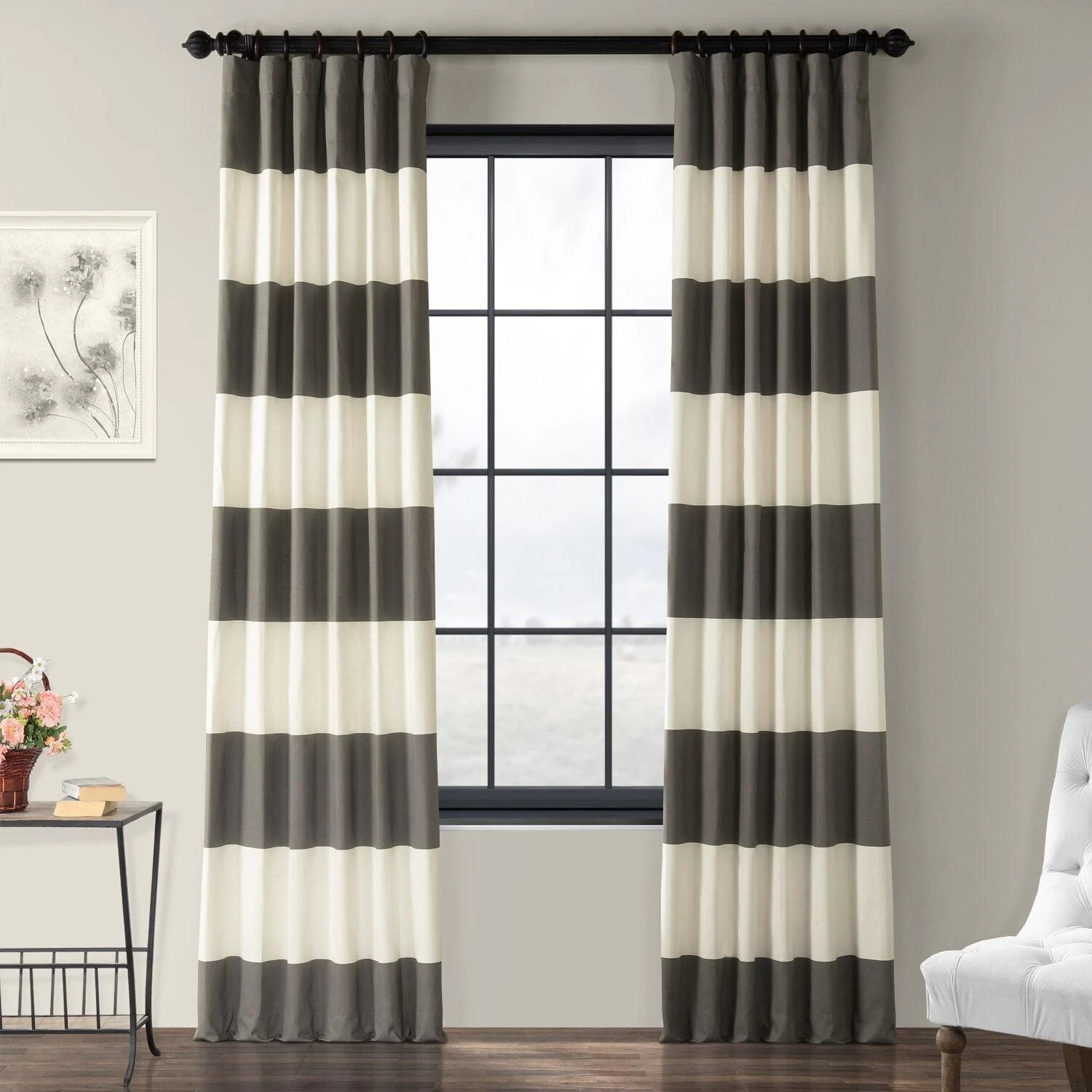 Slate Grey & Off White Horizontal Striped Printed Cotton Curtain 3 Slate Grey & Off White Horizontal Striped Printed Cotton Curtain