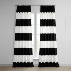 Onyx Black & Off White Horizontal Striped French Pleat Printed Cotton Curtain