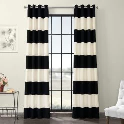Onyx Black & Off White Horizontal Striped Grommet Printed Cotton Curtain