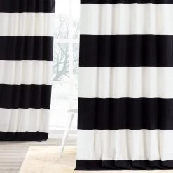 Onyx Black & Off White Horizontal Striped Printed Cotton Curtain -Chic Curtains Shop PRCT HS06 front view 1