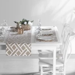 Martinique Taupe Printed Cotton Table Runner & Placemats