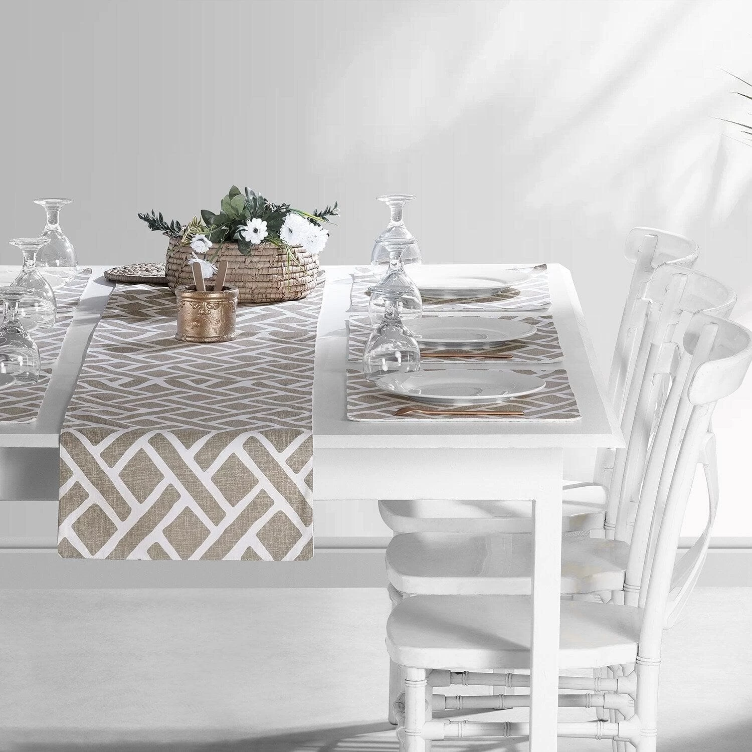 Martinique Taupe Printed Cotton Table Runner & Placemats 3 Martinique Taupe Printed Cotton Table Runner & Placemats