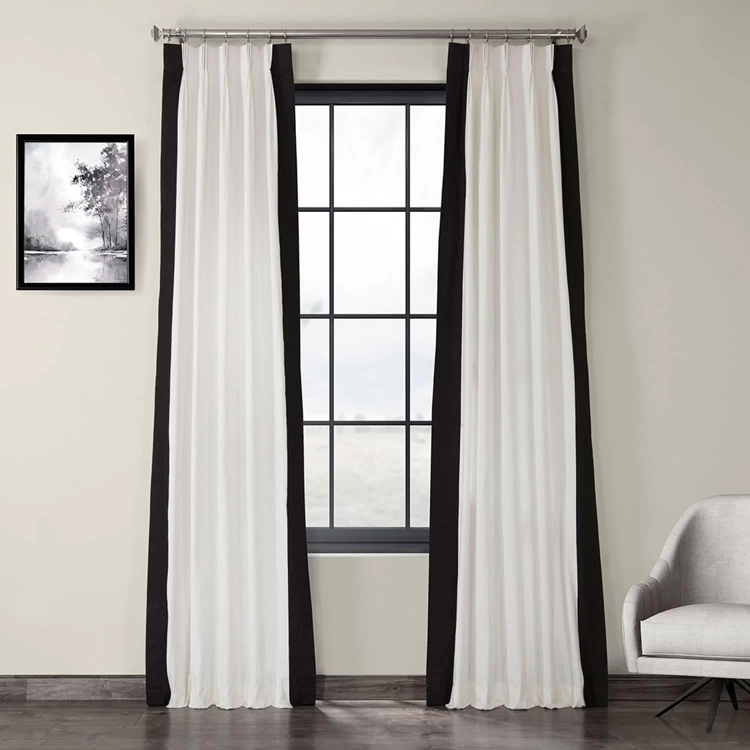 Fresh Popcorn & Black French Pleat Vertical Printed Cotton Curtain 3 Fresh Popcorn & Black French Pleat Vertical Printed Cotton Curtain