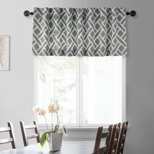 Martinique Grey Printed Cotton Window Valance -Chic Curtains Shop PRCT VLD07C front view 1