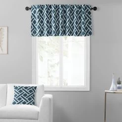 Martinique Blue Printed Cotton Window Valance -Chic Curtains Shop PRCT VLD07D front view