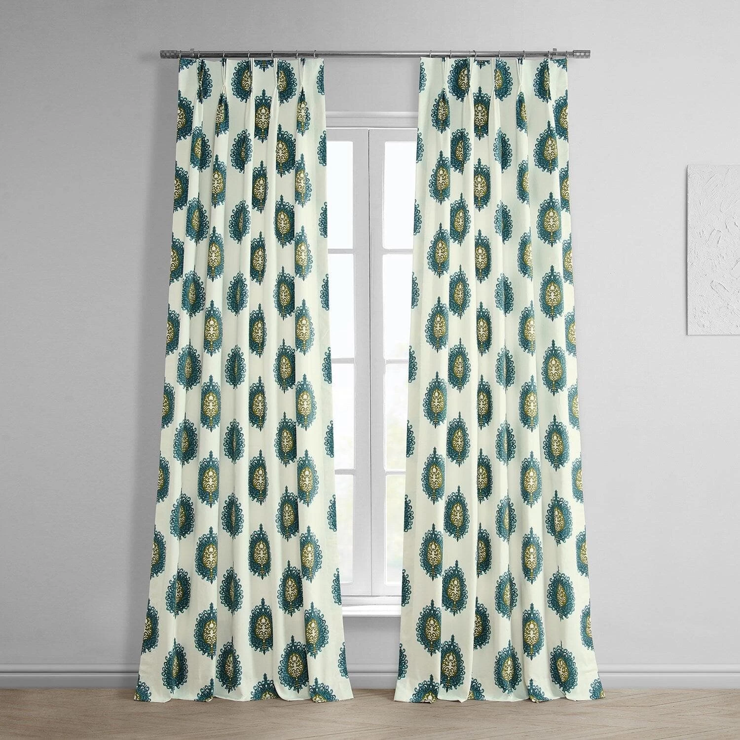 Mayan Teal French Pleat Printed Cotton Curtain 3 Mayan Teal French Pleat Printed Cotton Curtain