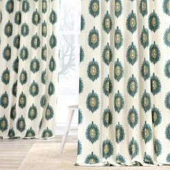 Mayan Teal Printed Cotton Curtain -Chic Curtains Shop PRTW D02 front view 1