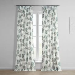 Allium Blue Grey French Pleat Printed Cotton Curtain