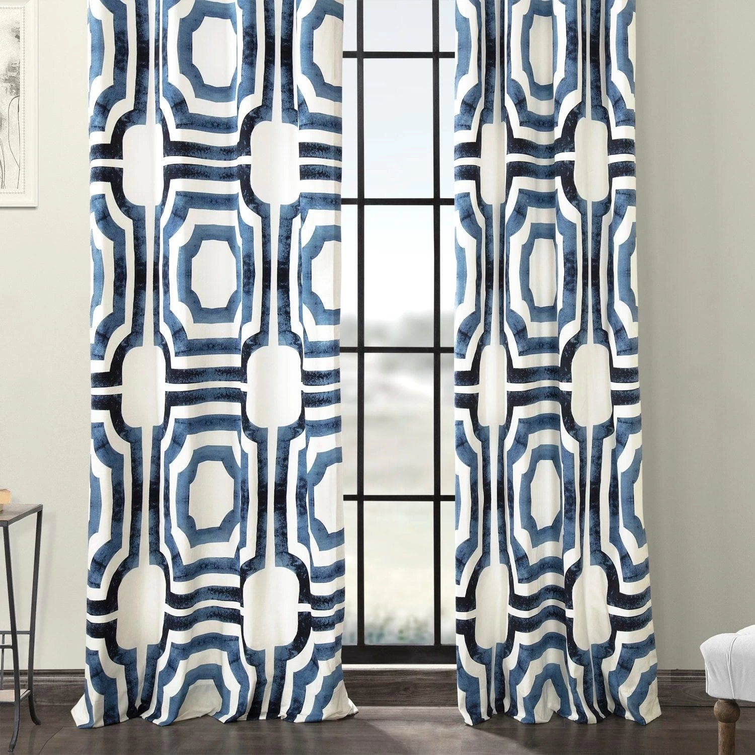 Mecca Blue Grommet Printed Cotton Curtain 8 Mecca Blue Grommet Printed Cotton Curtain - Image 6