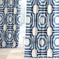 Mecca Blue Printed Cotton Curtain 13 Mecca Blue Printed Cotton Curtain -Chic Curtains Shop PRTW D23B front view 1