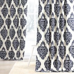 Ikat Blue Printed Cotton Curtain -Chic Curtains Shop PRTW D24A front view 1