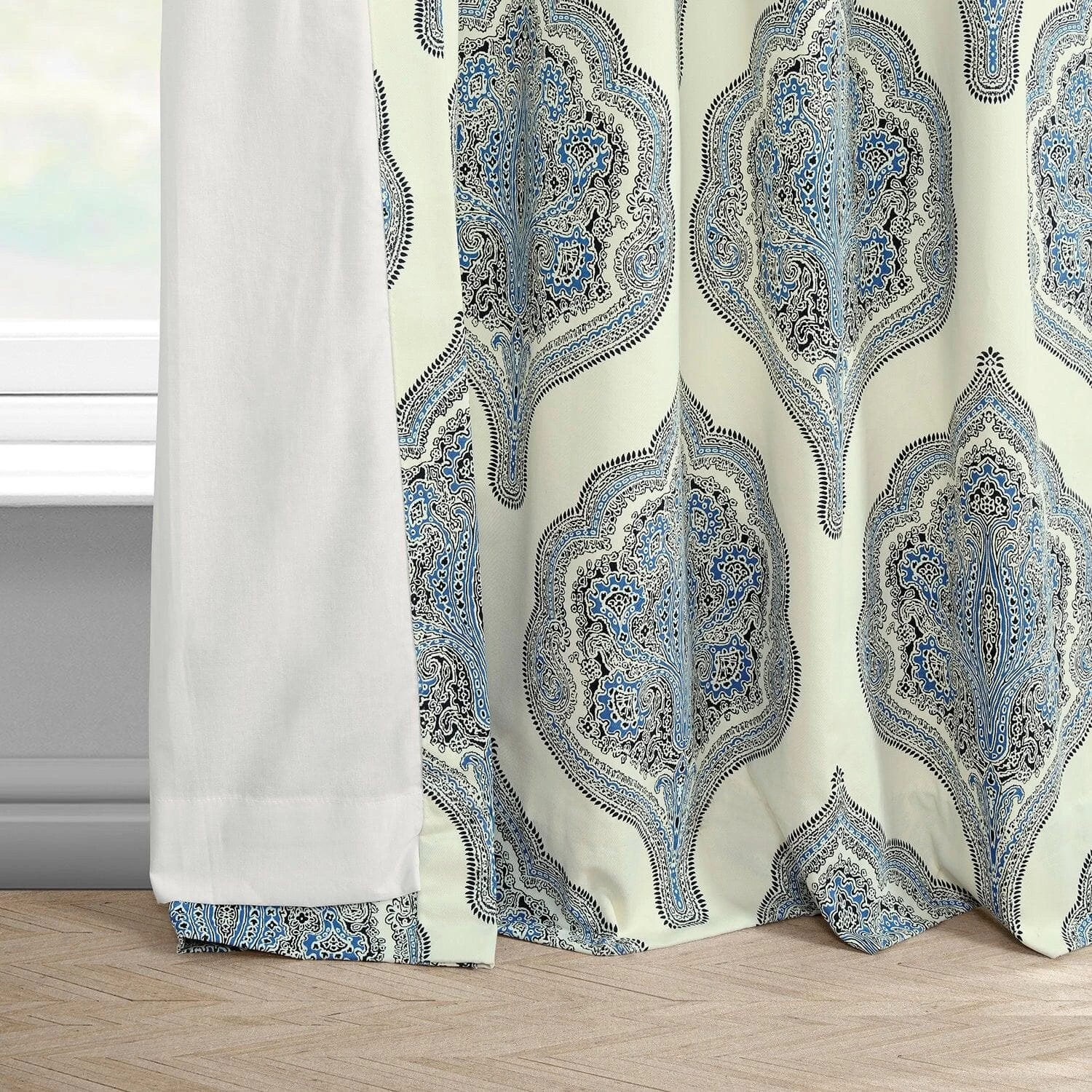 Arabesque Blue French Pleat Printed Cotton Curtain 6 Arabesque Blue French Pleat Printed Cotton Curtain - Image 4