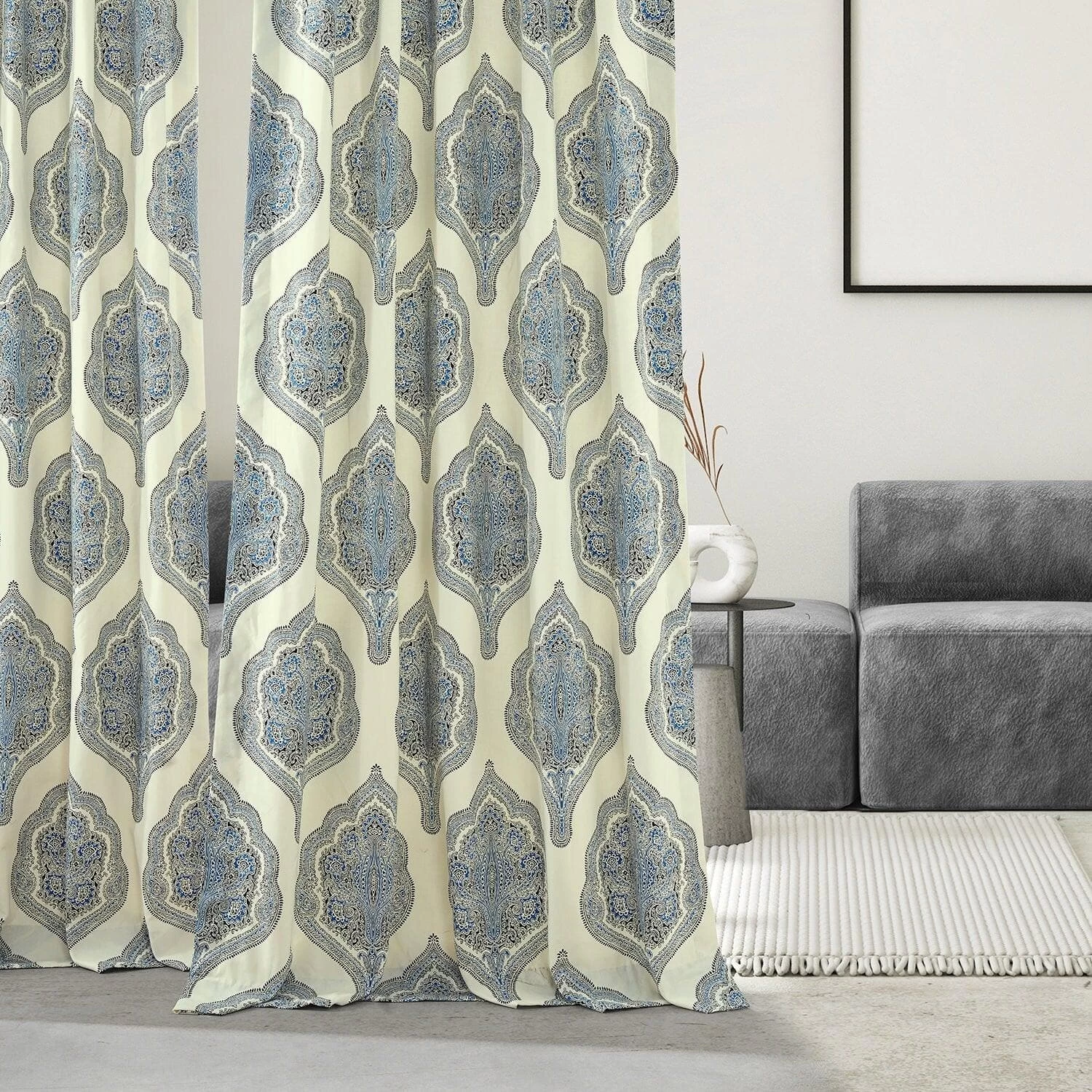 Arabesque Blue French Pleat Printed Cotton Curtain 8 Arabesque Blue French Pleat Printed Cotton Curtain - Image 6