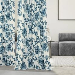 Indonesian Blue French Pleat Printed Cotton Curtain -Chic Curtains Shop PRTW D40 FP 98527 5