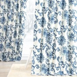 Indonesian Blue Printed Cotton Curtain -Chic Curtains Shop PRTW D40 front view 1